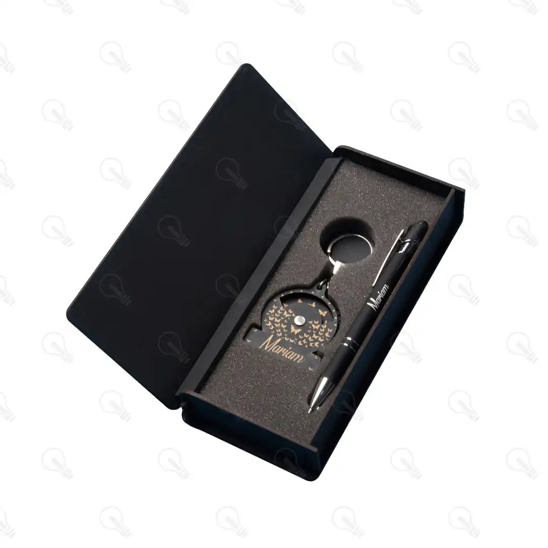 بوكس (ديزاين الفراشة كود 2) قلم معدن وميدالية خشب طبقتين