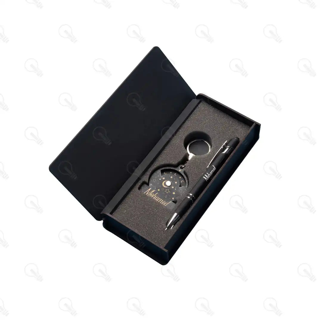 بوكس (ديزاين الفضاء كود 2) قلم معدن وميدالية خشب طبقتين