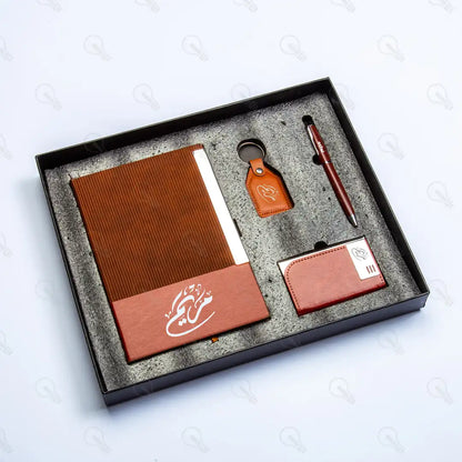 بوكس هارد كوفر ونوت بوك جلد وقلم وميدالية جلد وكراتة معدن