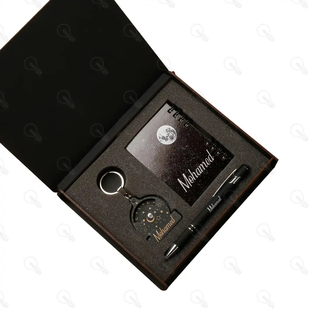 بوكس قلم معدن ونوت ميني وميدالية خشب طبقتين