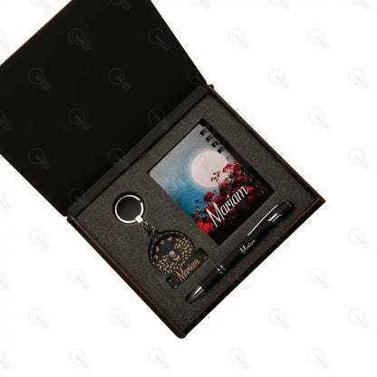 بوكس قلم معدن ونوت ميني وميدالية خشب طبقتين