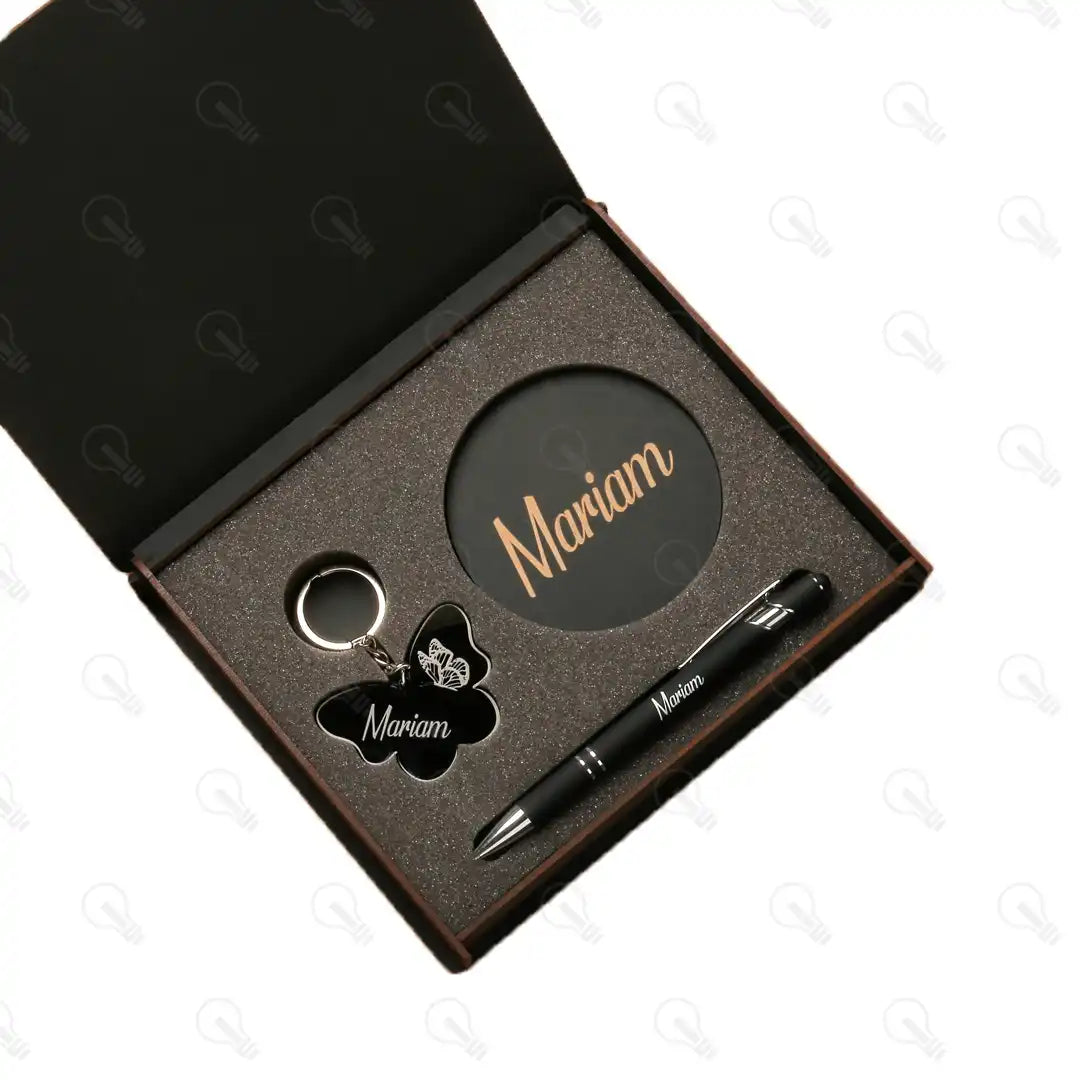 بوكس قلم معدن وكوستر خشب وميدالية اكريليك (كود 3)