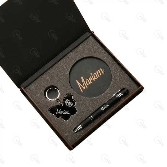 بوكس قلم معدن وكوستر خشب وميدالية اكريليك (كود 3)