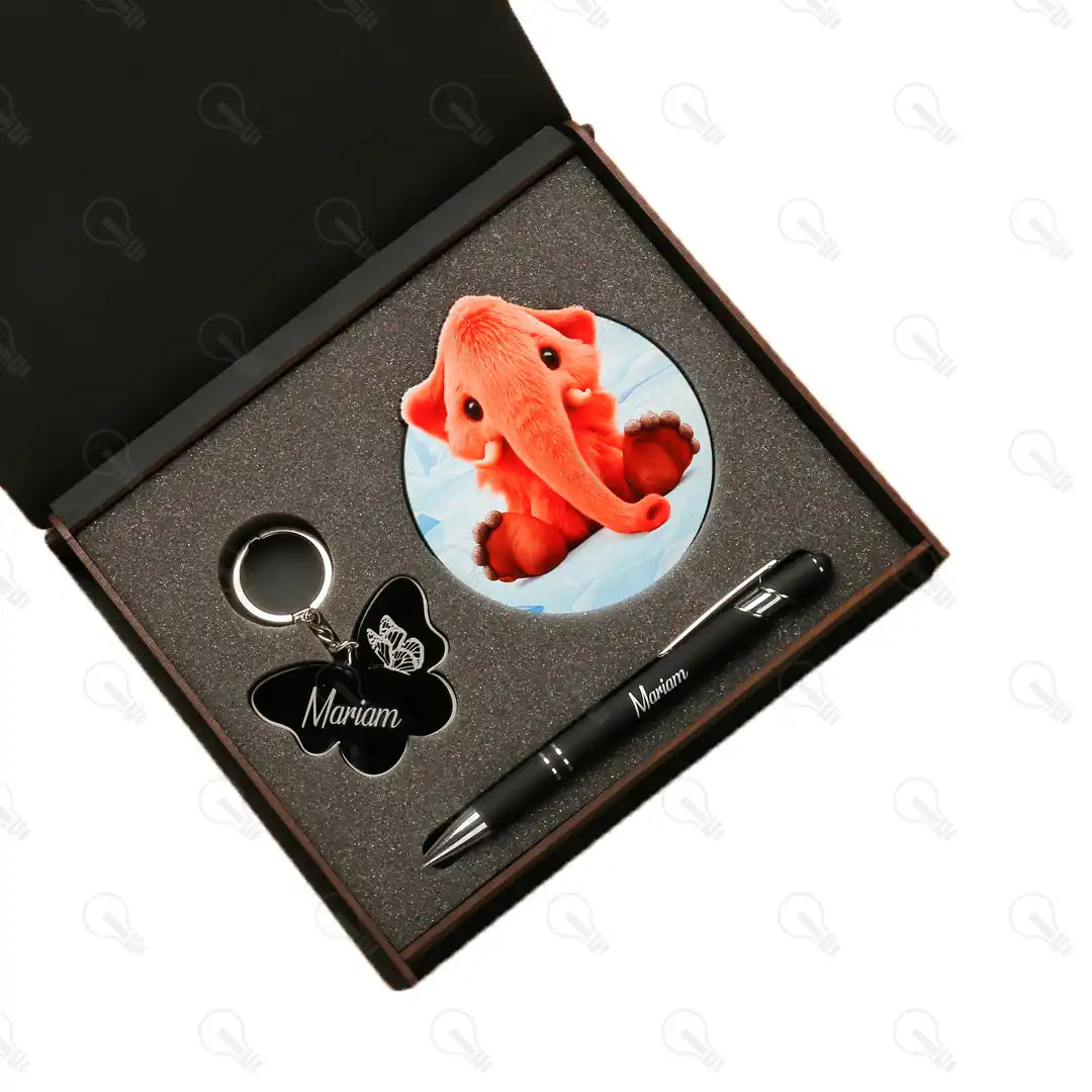 بوكس قلم معدن وكوستر خشب وميدالية اكريليك (ديزاين الفيل)