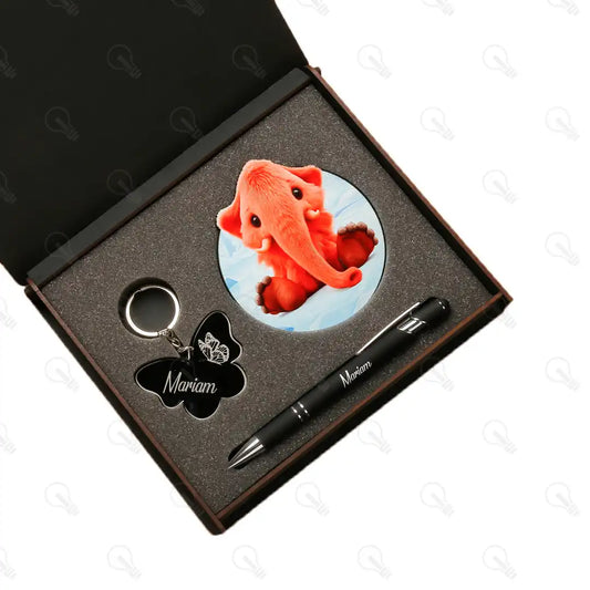 بوكس قلم معدن وكوستر خشب وميدالية اكريليك (ديزاين الفيل)