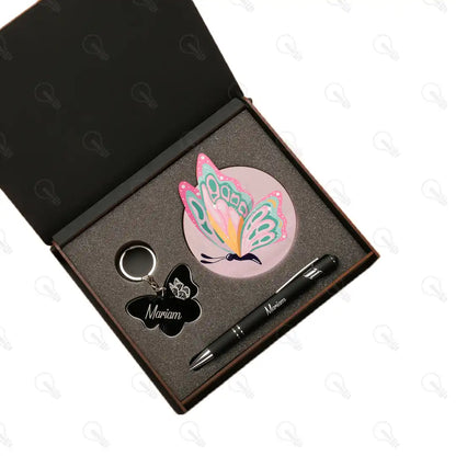 بوكس قلم معدن وكوستر خشب وميدالية اكريليك (ديزاين الفراشة كود 1)