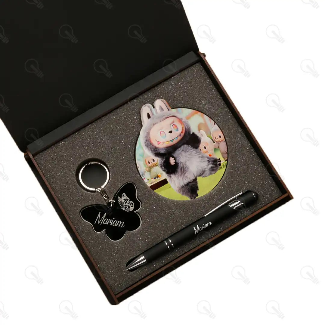 بوكس قلم معدن وكوستر خشب وميدالية اكريليك (ديزاين لابوبو)