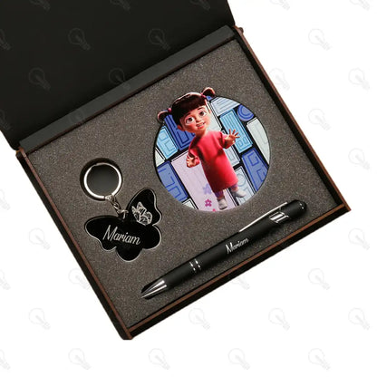 بوكس قلم معدن وكوستر خشب وميدالية اكريليك (ديزاين شركة المرعبين)