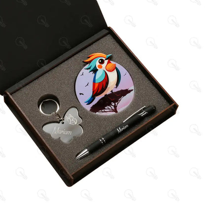 بوكس قلم معدن وكوستر خشب وميدالية اكريليك (ديزاين الشجر)