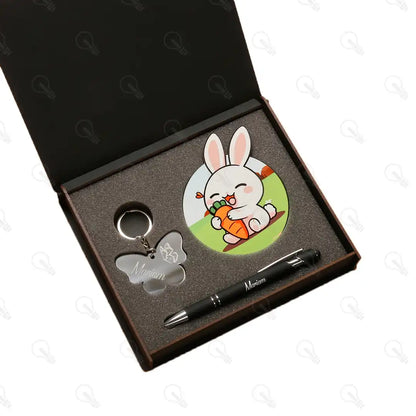 بوكس قلم معدن وكوستر خشب وميدالية اكريليك (ديزاين الارنب)