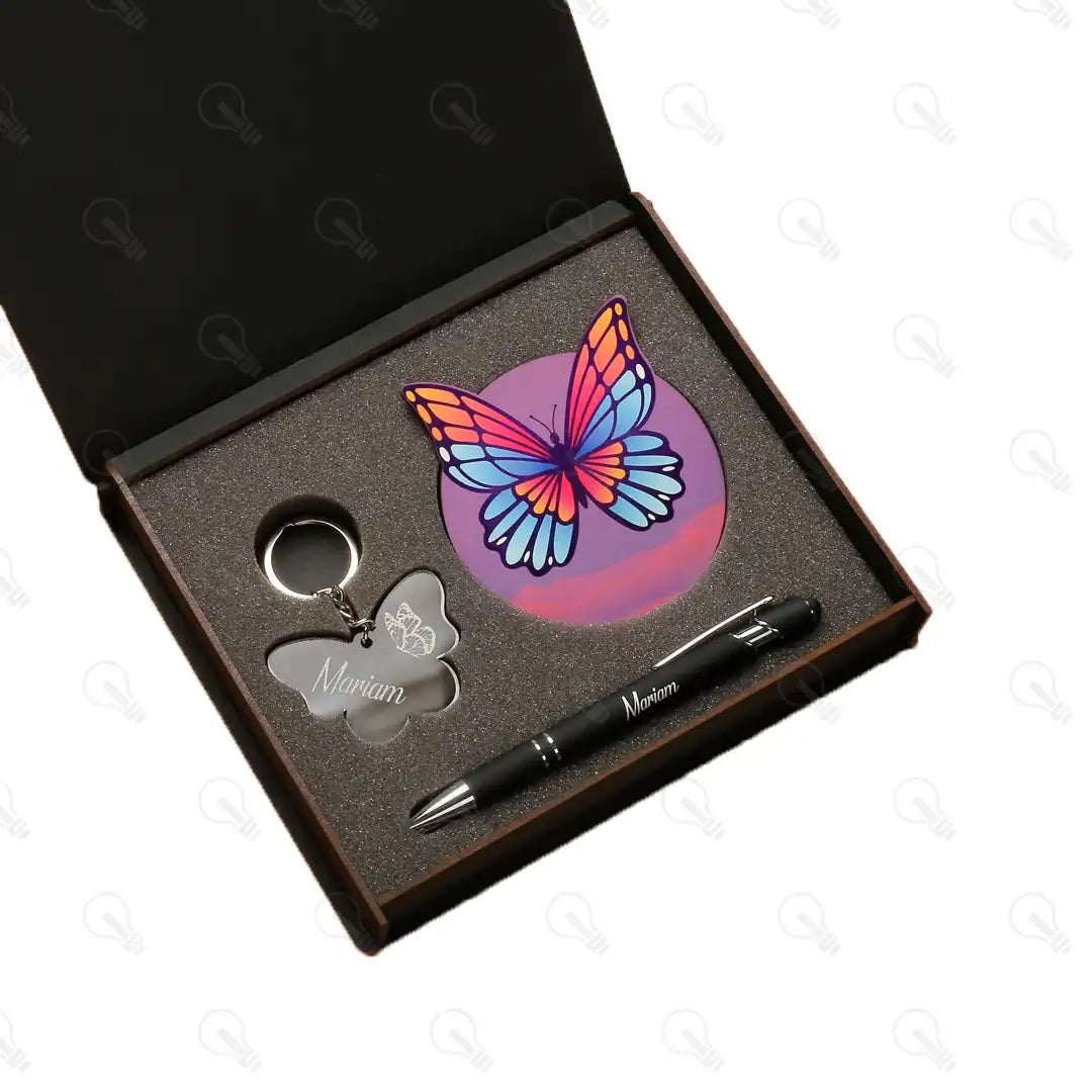 بوكس قلم معدن وكوستر خشب وميدالية اكريليك (ديزاين الفراشة كود 2)