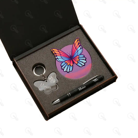 بوكس قلم معدن وكوستر خشب وميدالية اكريليك (ديزاين الفراشة كود 2)