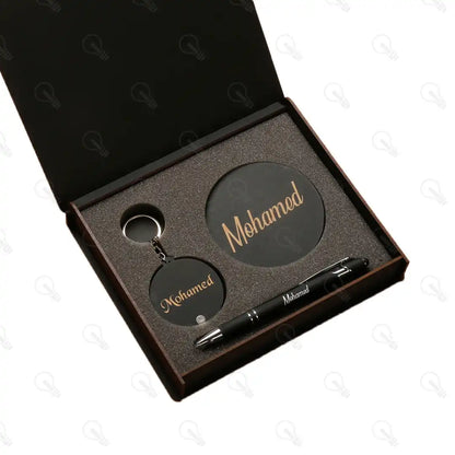 بوكس قلم معدن وكوستر خشب وميدالية خشب طبقتين