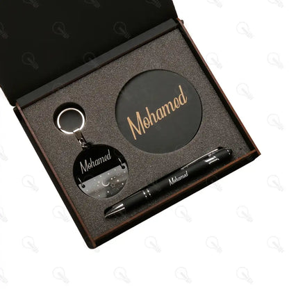 بوكس قلم معدن وكوستر خشب وميدالية خشب نصين