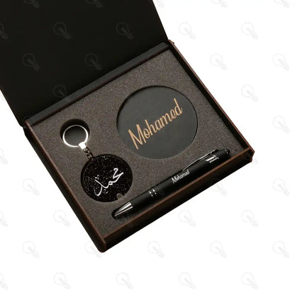 بوكس قلم معدن وكوستر خشب وميدالية خشب طبقتين