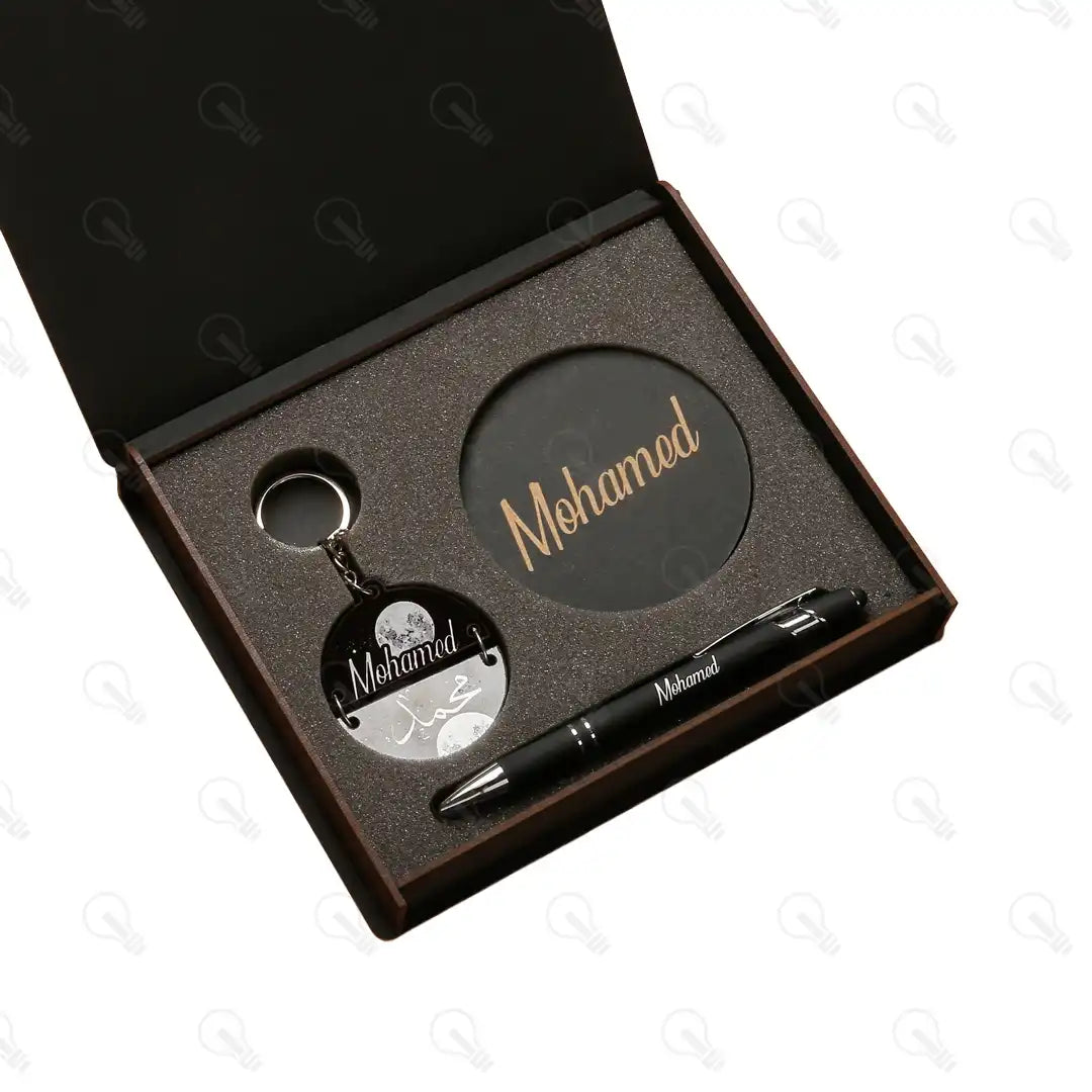 بوكس قلم معدن وكوستر خشب وميدالية خشب نصين