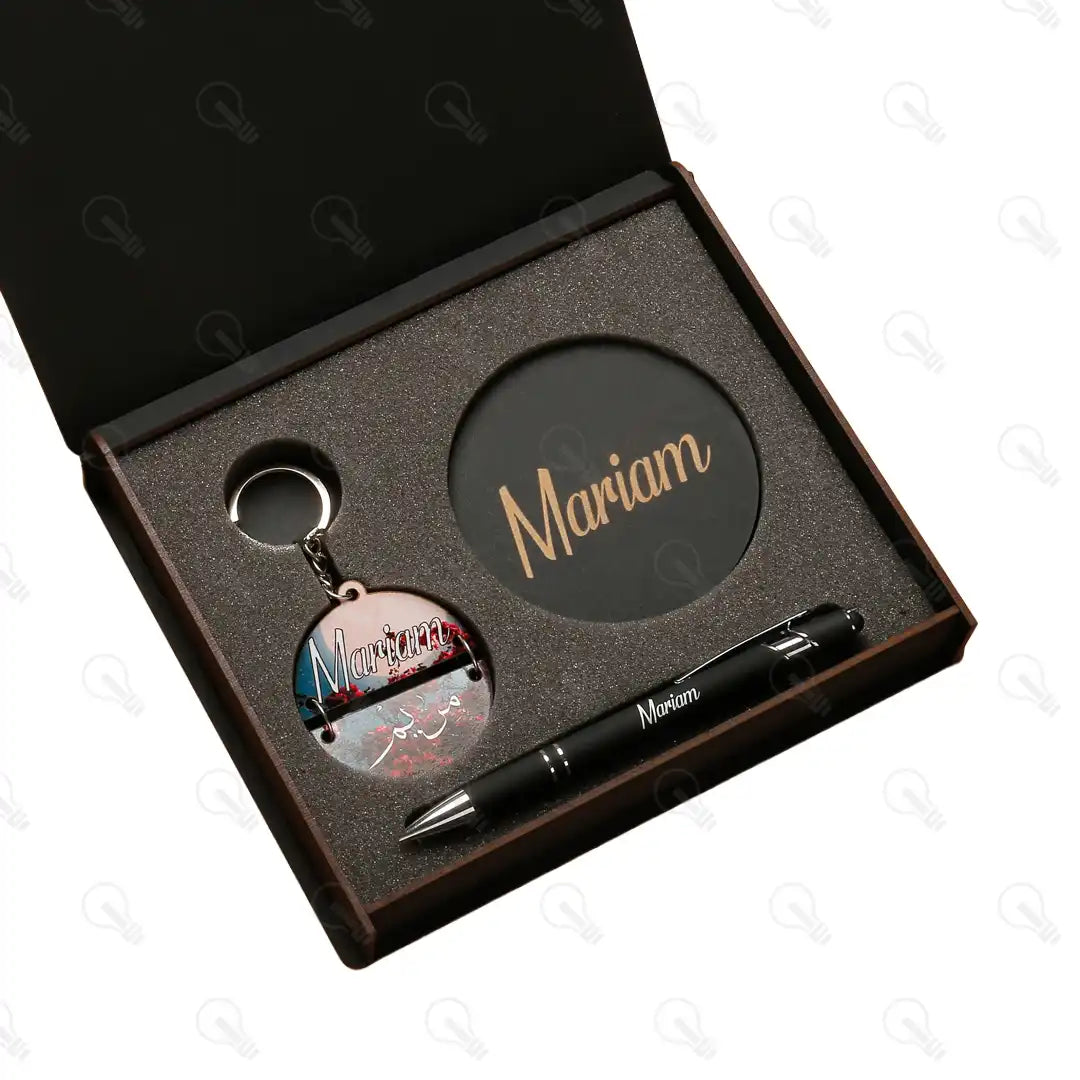 بوكس قلم معدن وكوستر خشب وميدالية خشب نصين