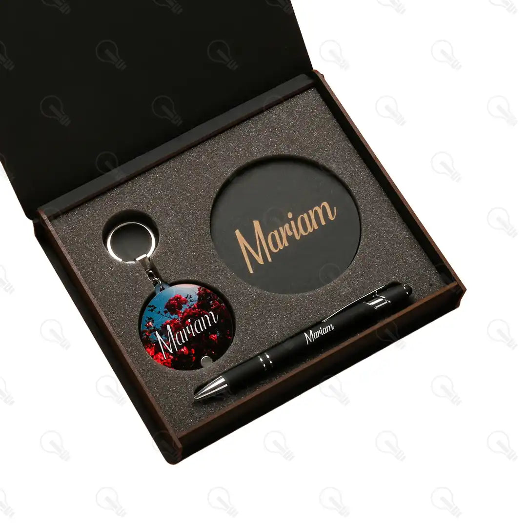 بوكس قلم معدن وكوستر خشب وميدالية خشب طبقتين