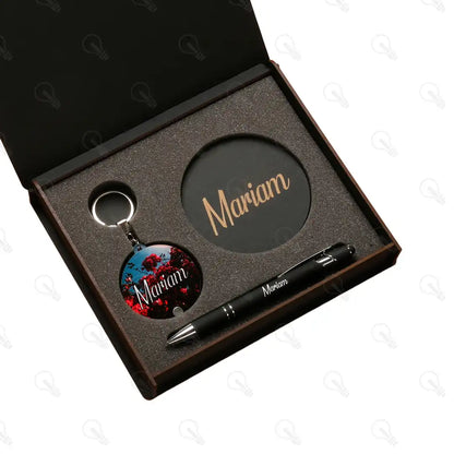 بوكس قلم معدن وكوستر خشب وميدالية خشب طبقتين