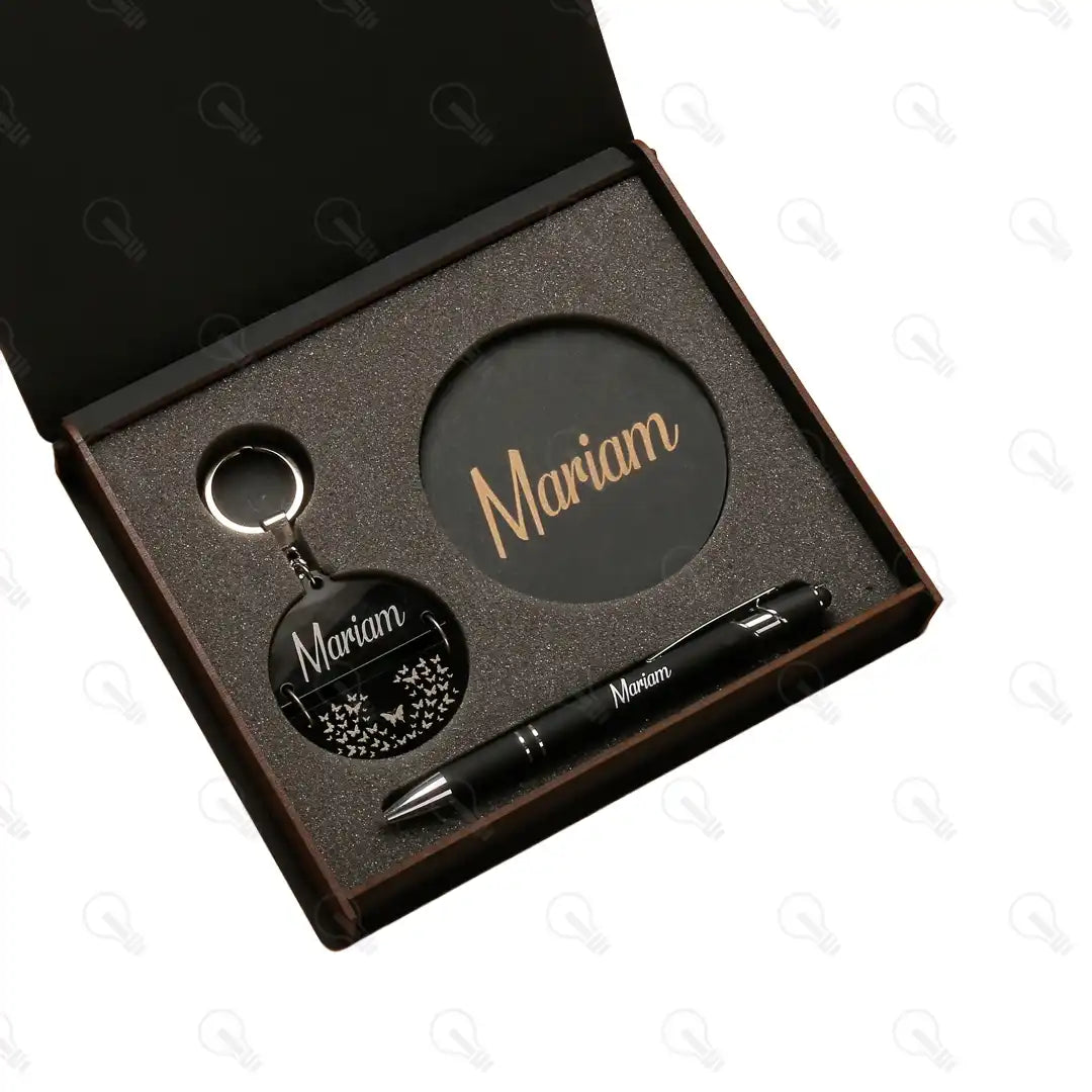 بوكس قلم معدن وكوستر خشب وميدالية خشب نصين