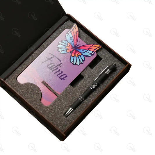 بوكس قلم معدن و ستاند موبايل (ديزاين الفراشة كود 2)