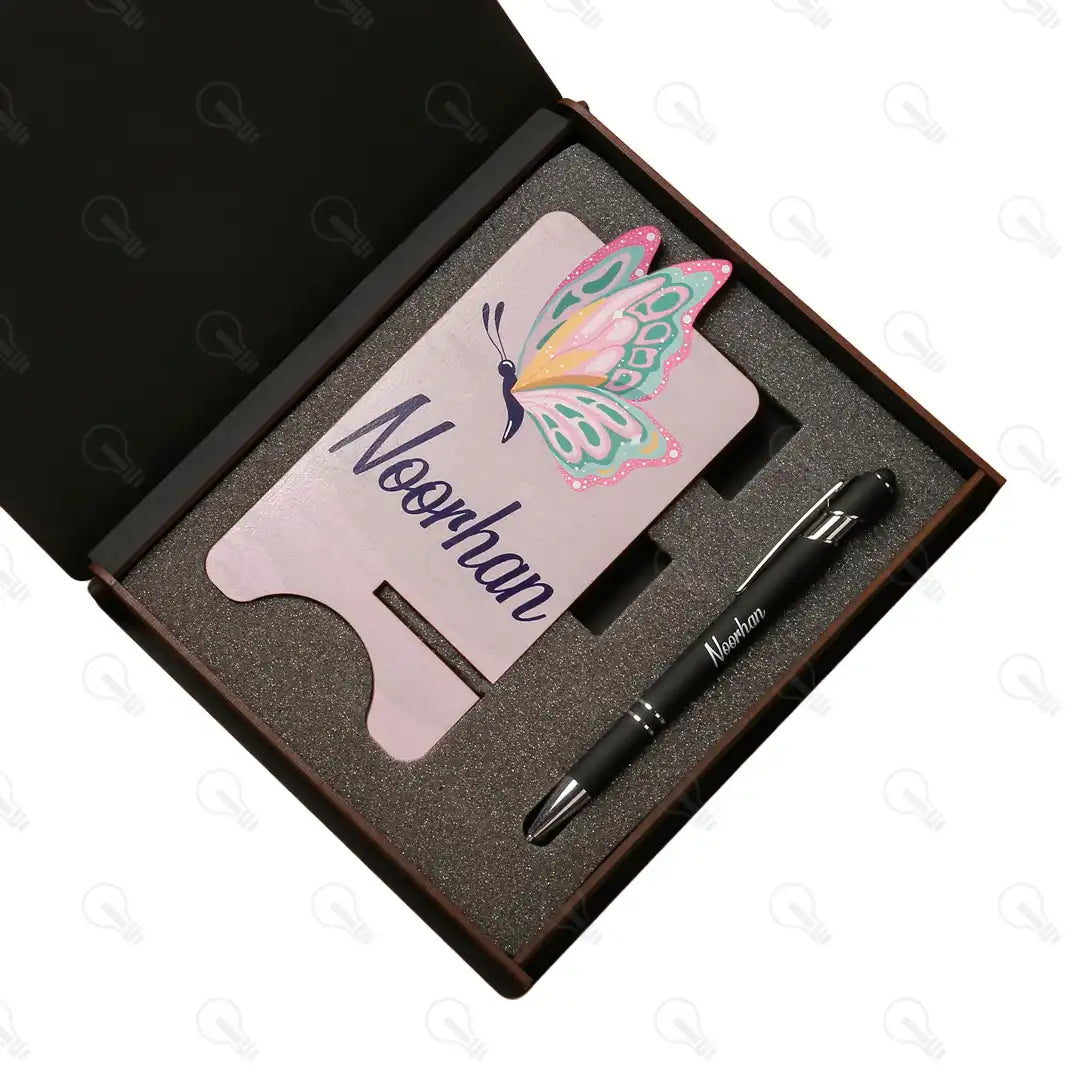 بوكس قلم معدن و ستاند موبايل (ديزاين الفراشة كود 1)