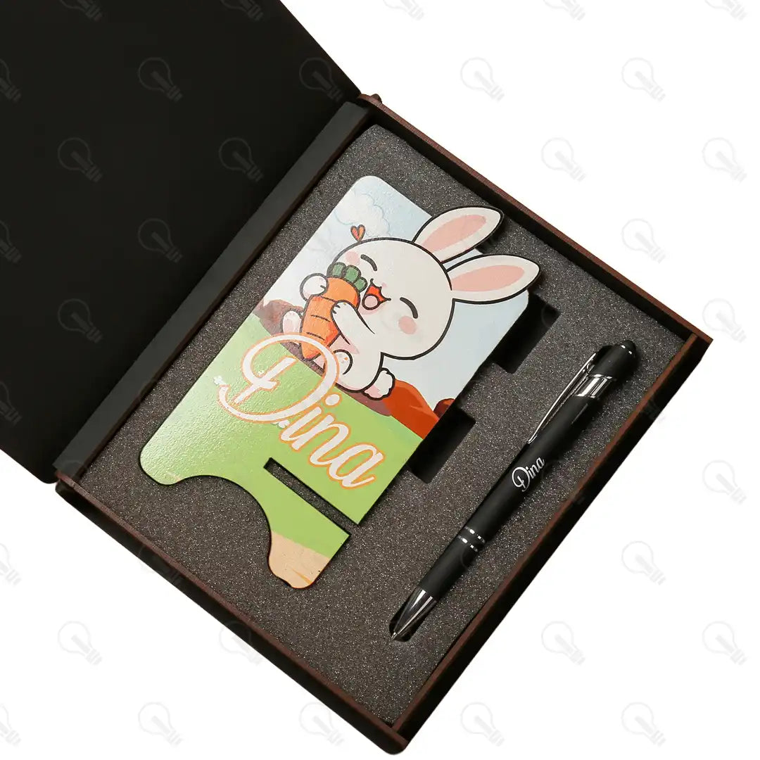 بوكس قلم معدن و ستاند موبايل (ديزاين الارنب)