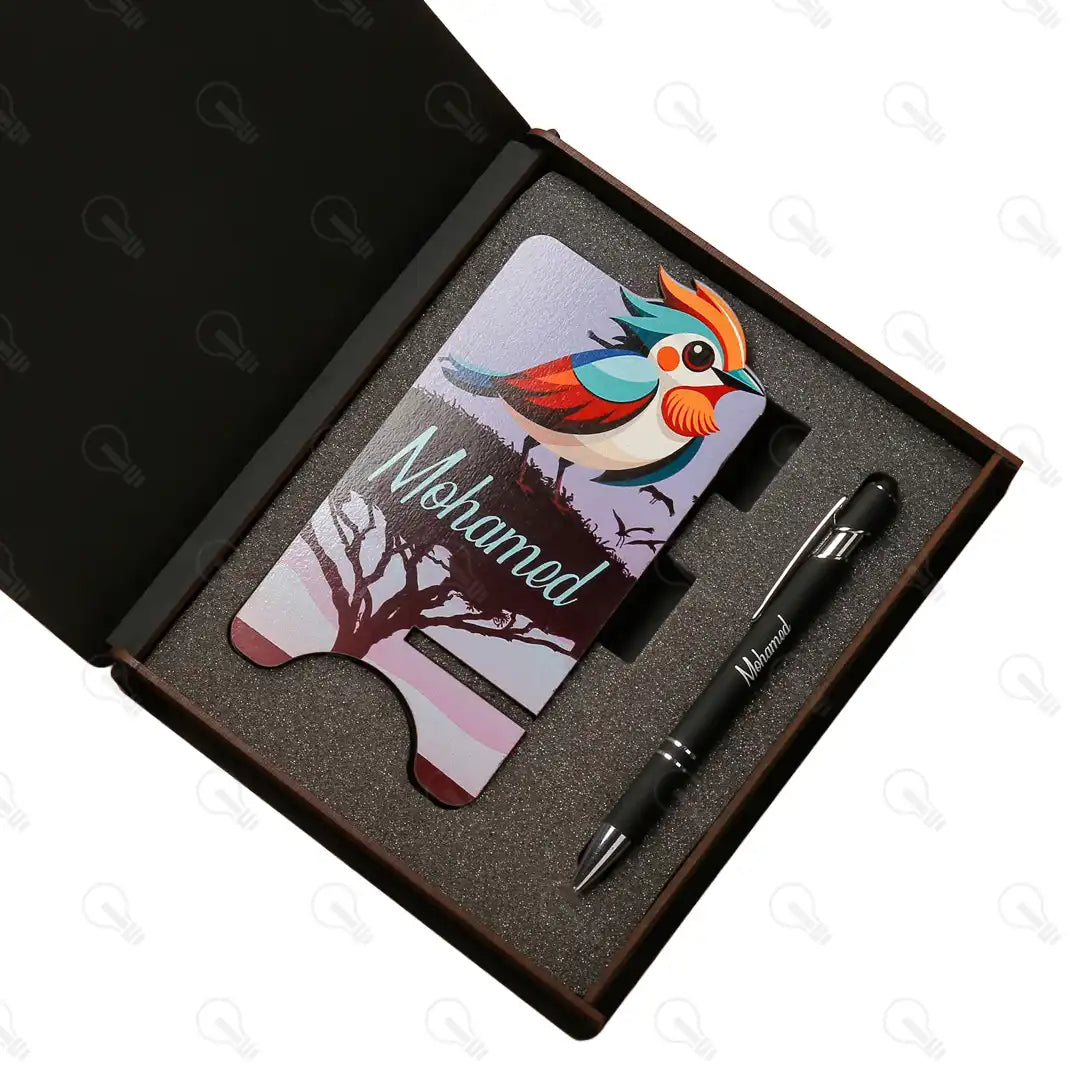 بوكس قلم معدن و ستاند موبايل (ديزاين الشجر)