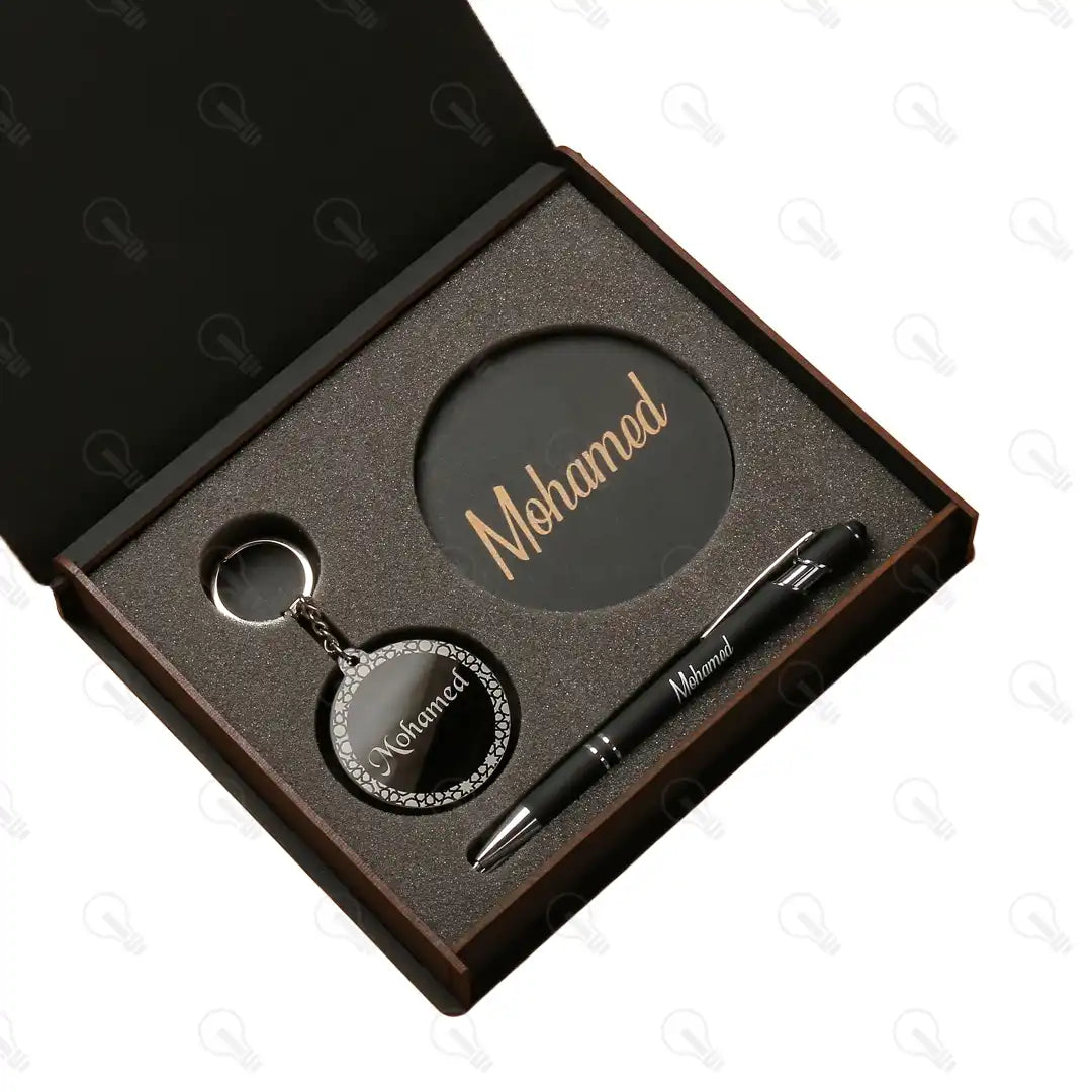 بوكس قلم معدن وكوستر خشب وميدالية اكريليك (كود 2)