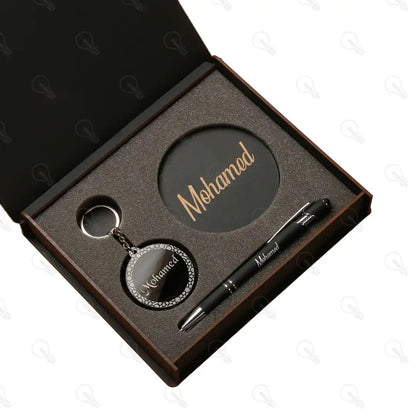 بوكس قلم معدن وكوستر خشب وميدالية اكريليك (كود 2)