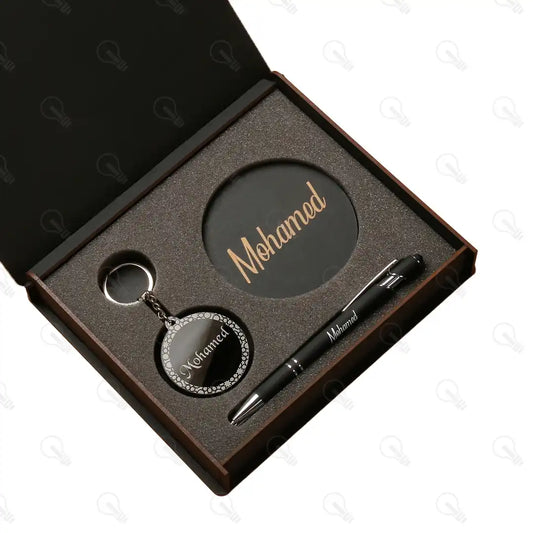 بوكس قلم معدن وكوستر خشب وميدالية اكريليك (كود 2)