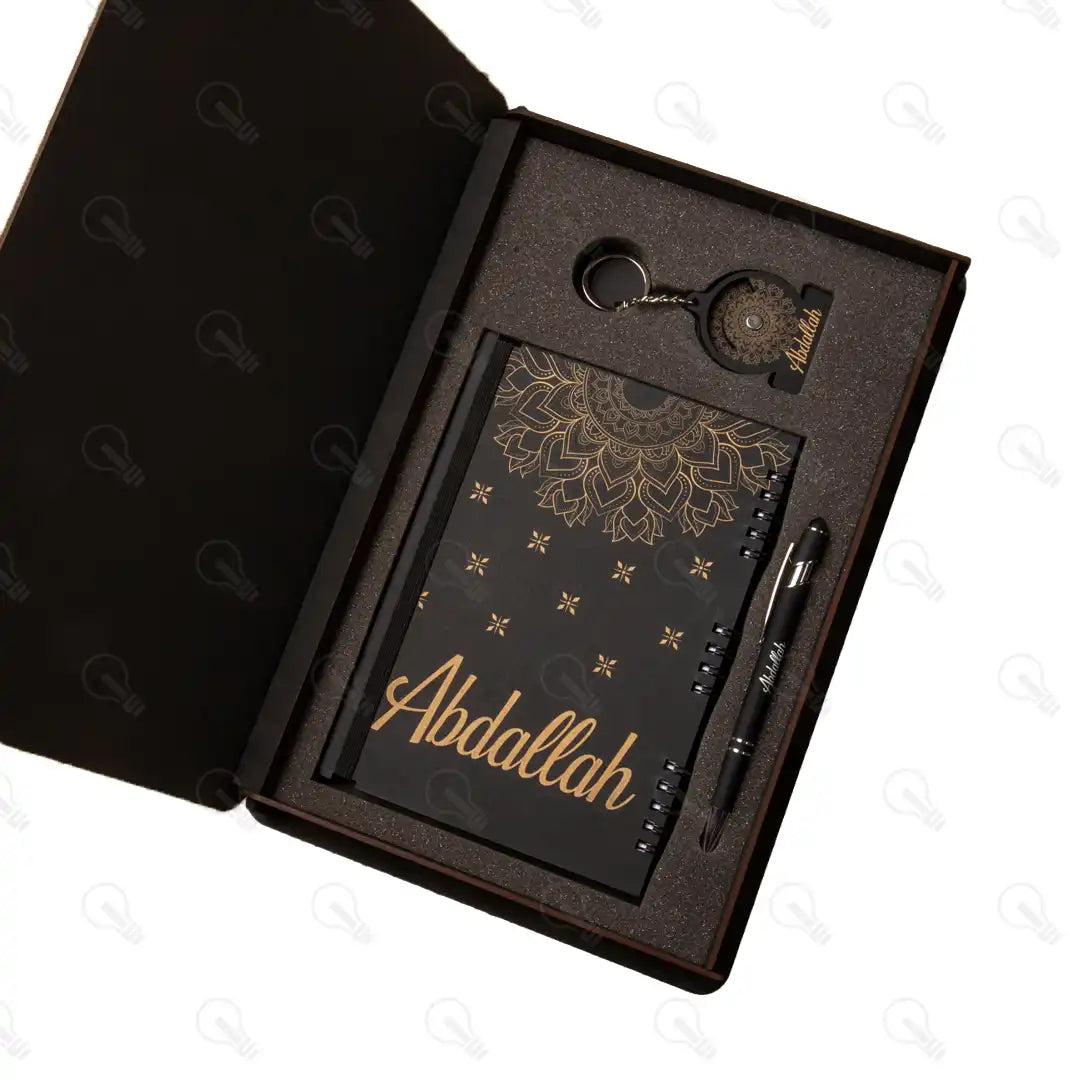 بوكس نوت بوك خشب وقلم معدن و ميدالية خشب طبقتين (ديزاين المانديلا)