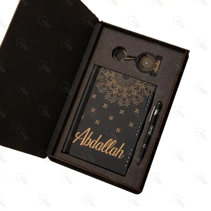 بوكس نوت بوك خشب وقلم معدن و ميدالية خشب طبقتين (ديزاين المانديلا)