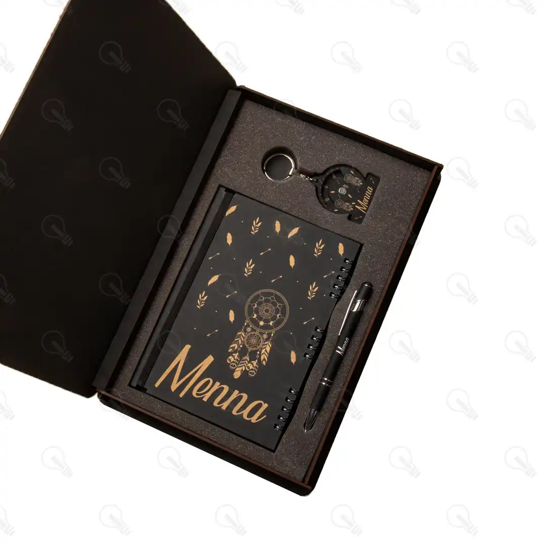 بوكس نوت بوك خشب وقلم معدن و ميدالية خشب طبقتين (ديزاين دريم كاتشر)