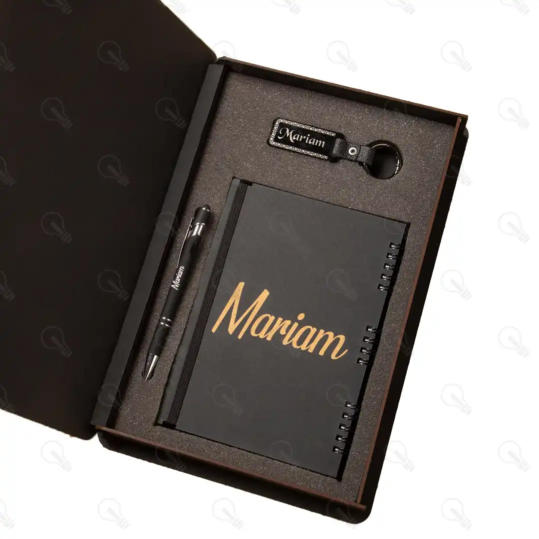 بوكس نوت بوك خشب وقلم معدن و ميدالية اكريليك (كود 3)