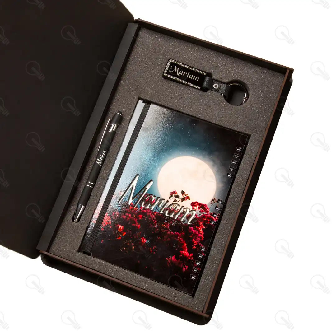 بوكس نوت بوك خشب وقلم معدن و ميدالية اكريليك (كود 3)
