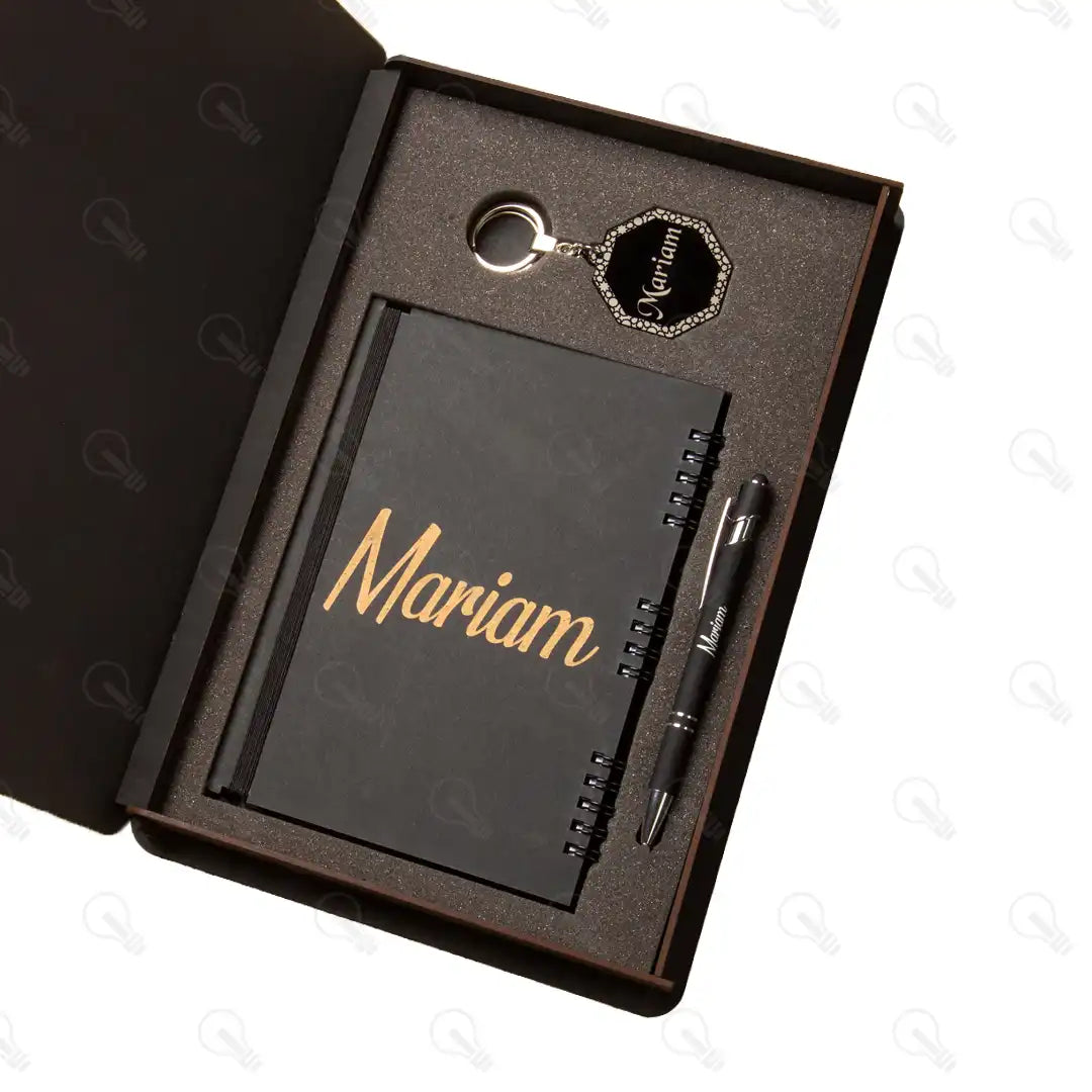 بوكس نوت بوك خشب وقلم معدن و ميدالية اكريليك (كود 4)