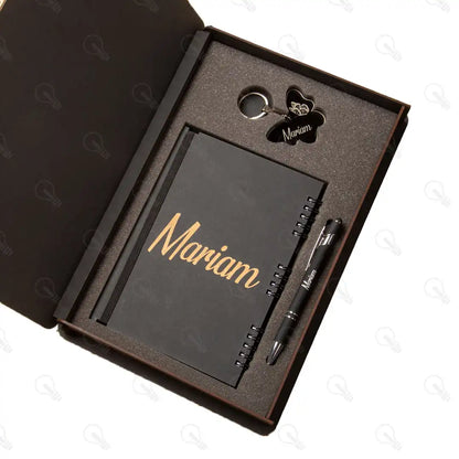 بوكس نوت بوك خشب وقلم معدن و ميدالية اكريليك (كود 5)