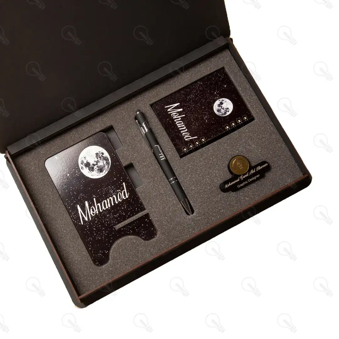 بوكس نوت ميني وقلم معدن و ستاند موبايل ونيم تاج