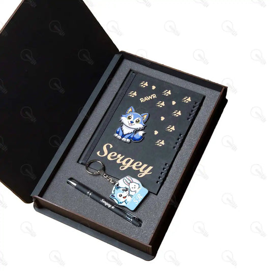 بوكس نوت بوك خشب (ديزاين الكلب) وقلم معدن وميدالية خشب