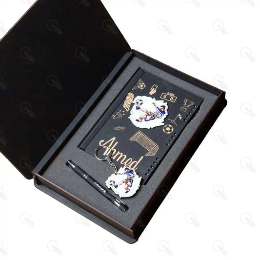 بوكس نوت بوك خشب (ديزاين الكورة) وقلم معدن وميدالية خشب