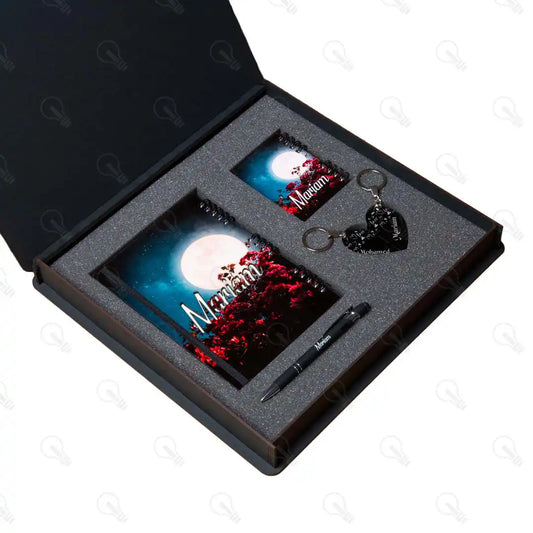 بوكس نوت بوك خشب كبيرة ونوت ميني وقلم معدن و ميدالية اكريليك نصين (كود 6)