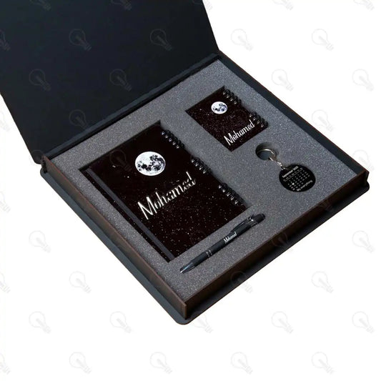 بوكس نوت بوك خشب كبيرة ونوت ميني وقلم معدن و ميدالية اكريليك كليندر (كود 7)