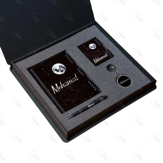 بوكس نوت بوك خشب كبيرة ونوت ميني وقلم معدن و ميدالية اكريليك (كود 3)