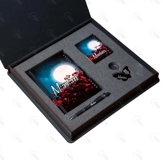 بوكس نوت بوك خشب كبيرة ونوت ميني وقلم معدن و ميدالية اكريليك (كود 2)