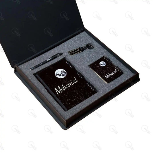 بوكس نوت بوك خشب كبيرة ونوت ميني وقلم معدن و ميدالية اكريليك (كود 5)