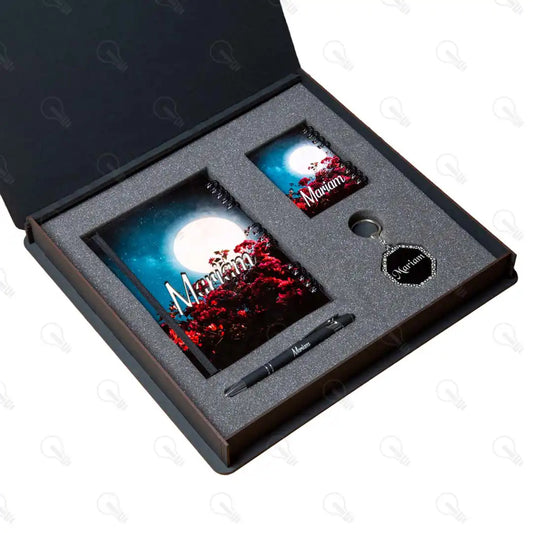 بوكس نوت بوك خشب كبيرة ونوت ميني وقلم معدن و ميدالية اكريليك (كود 1)