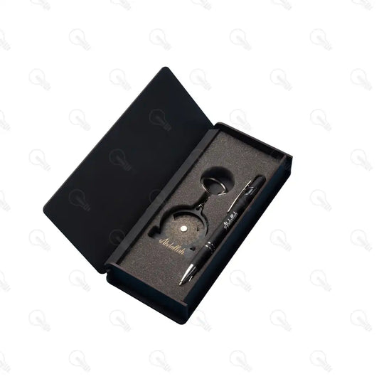 بوكس (ديزاين المانديلا) قلم معدن وميدالية خشب طبقتين